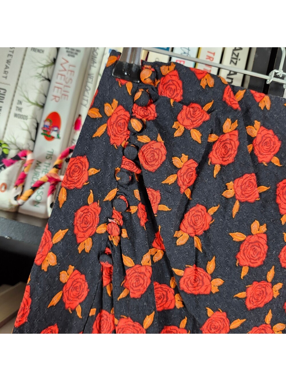 Urban Outfitters Rose Print Wrap Midi Skirt XS Black Red Button Detail